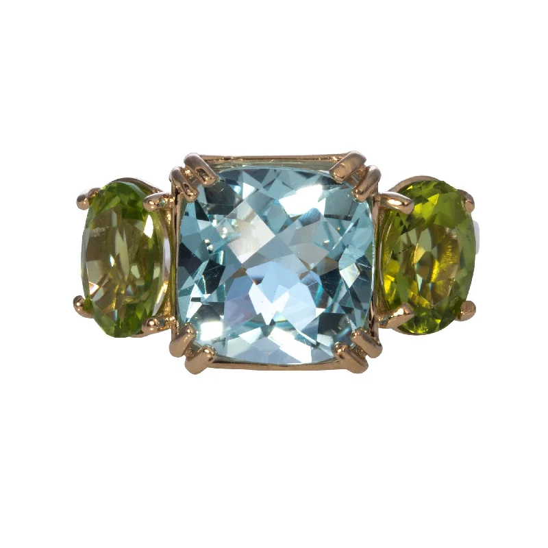 Blue Topaz & Peridot 3 Stone 14K Yellow Gold Ring