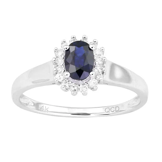 6X4MM Blue Sapphire and Diamond Halo Ring in 10KT White Gold