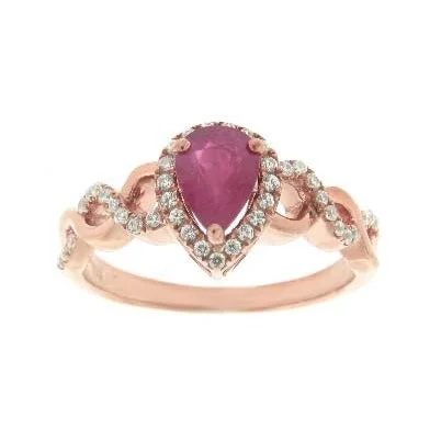 Color Sensations 7X5MM Pear Ruby and Diamond Gem Stone Halo Twist Ring in 10KT Rose Gold