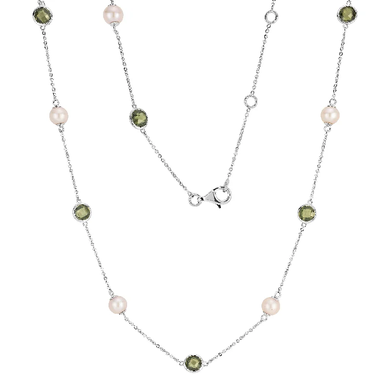 Cultured freshwater pearl and peridot simulant drop necklace in sterling silver