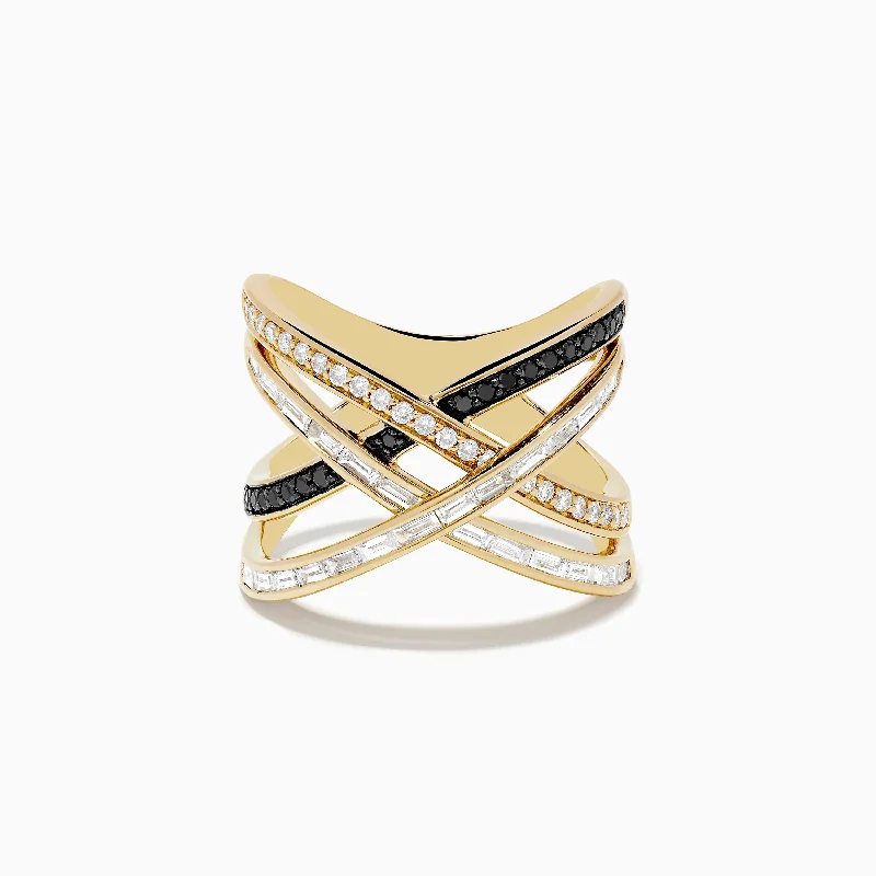 14K Yellow Gold Black and White Diamond Crossover Ring