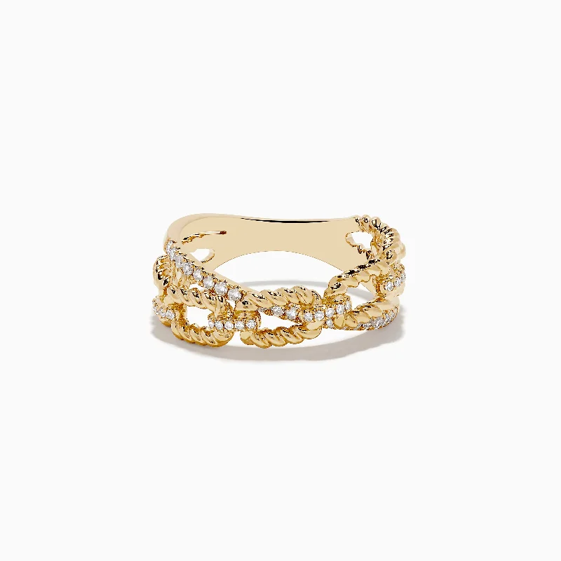 D'oro 14K Yellow Gold Diamond Crossover Chain Link Ring