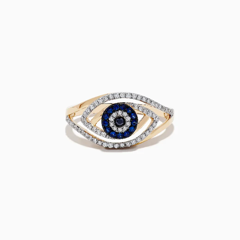 Novelty 14K Yellow Gold Blue Sapphire and Diamond Evil Eye Ring