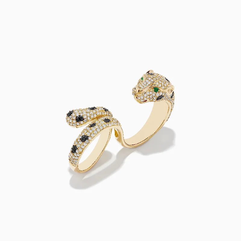 Signature 14K Gold Emerald, Black and White Double Finger Ring