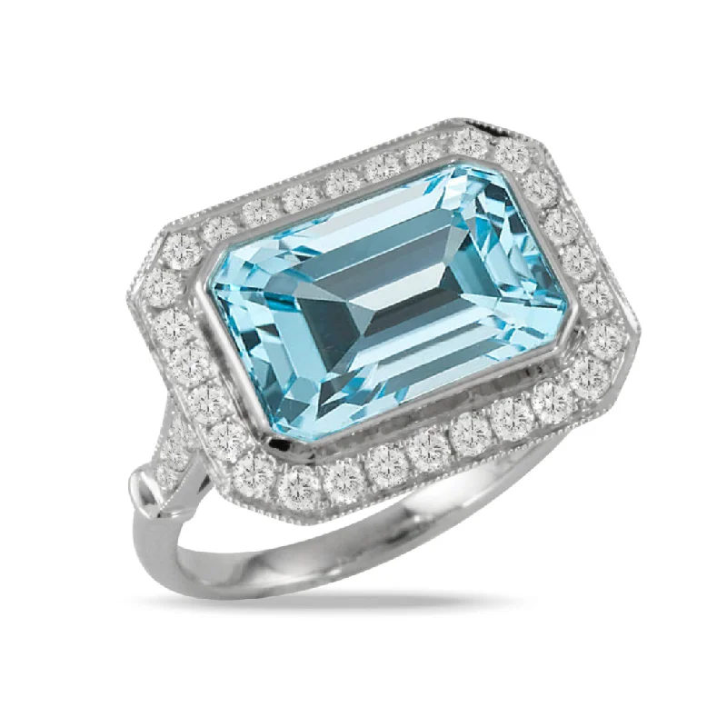 Emerald-Cut Blue Topaz & Diamond Milgrain 18K White Gold Ring