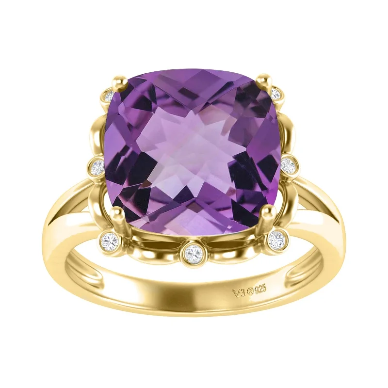 Gold Over Sterling Silver With Amethyst and White Topaz Solitaire Ring