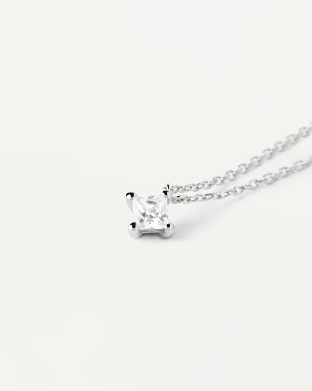 GRID Diamond and White Gold Solitaire Square Necklace