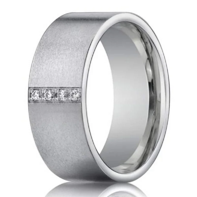 14K White Gold Wedding Ring with 4 Diamonds for Men | 8mm width