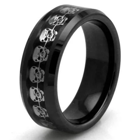 Black Ceramic Carbon Fiber Skull Inlay Ring-8mm