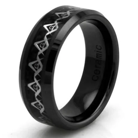 Black Ceramic Carbon Fiber Masonic Inlay Ring -8mm