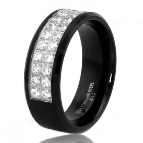 8mm Black Stainless Steel Dual CZ Row Ring