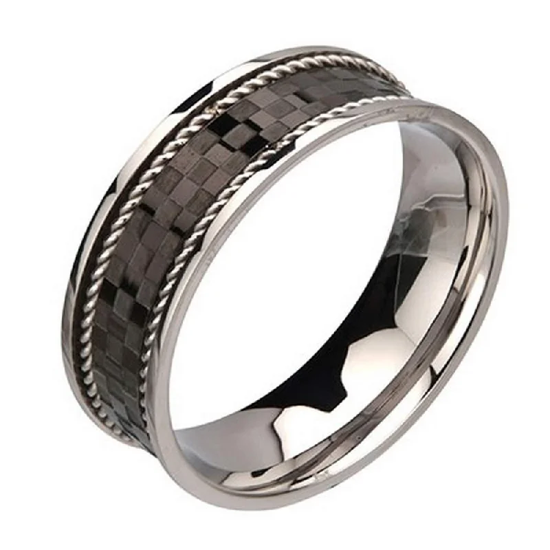 Men's Black Checker Pattern ring with Braid Steel Edges Ring-8mm