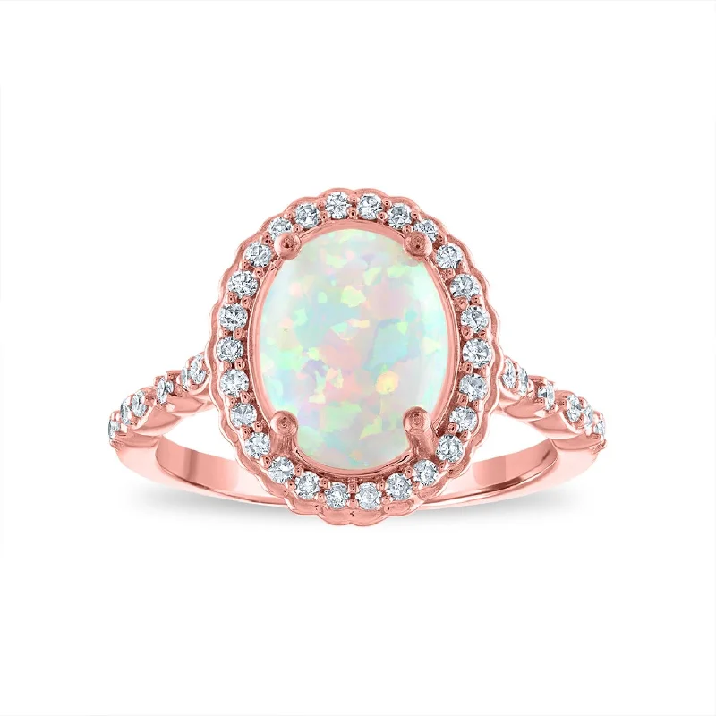 LoveSong 10X8MM Oval Opal and Diamond Halo Ring in 10KT Rose Gold