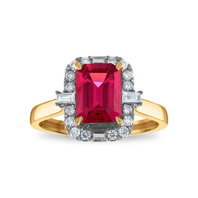 LoveSong EcoLove 8X6MM Emerald Shape Ruby and Diamond Halo Ring in 10KT Yellow Gold