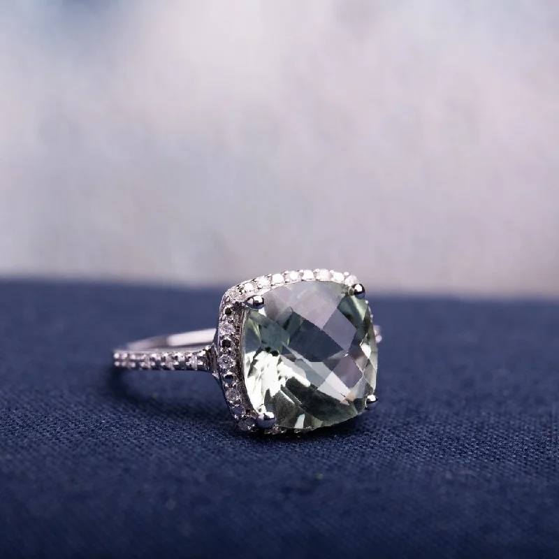 Miadora Sterling Silver Cushion-cut Green Amethyst and 1/10ct TDW Diamond Halo Cocktail Ring (G-H, I2-I3)