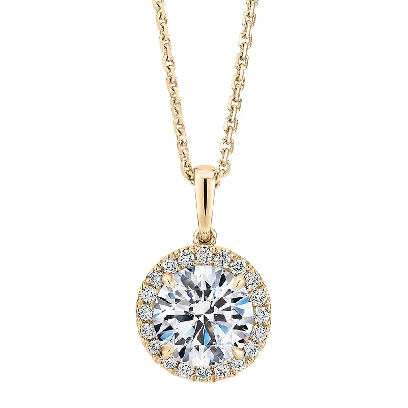 Premium Certified Laboratory Created Diamond, 1.66 carat TW round brilliant halo pendant in 18 carat yellow gold