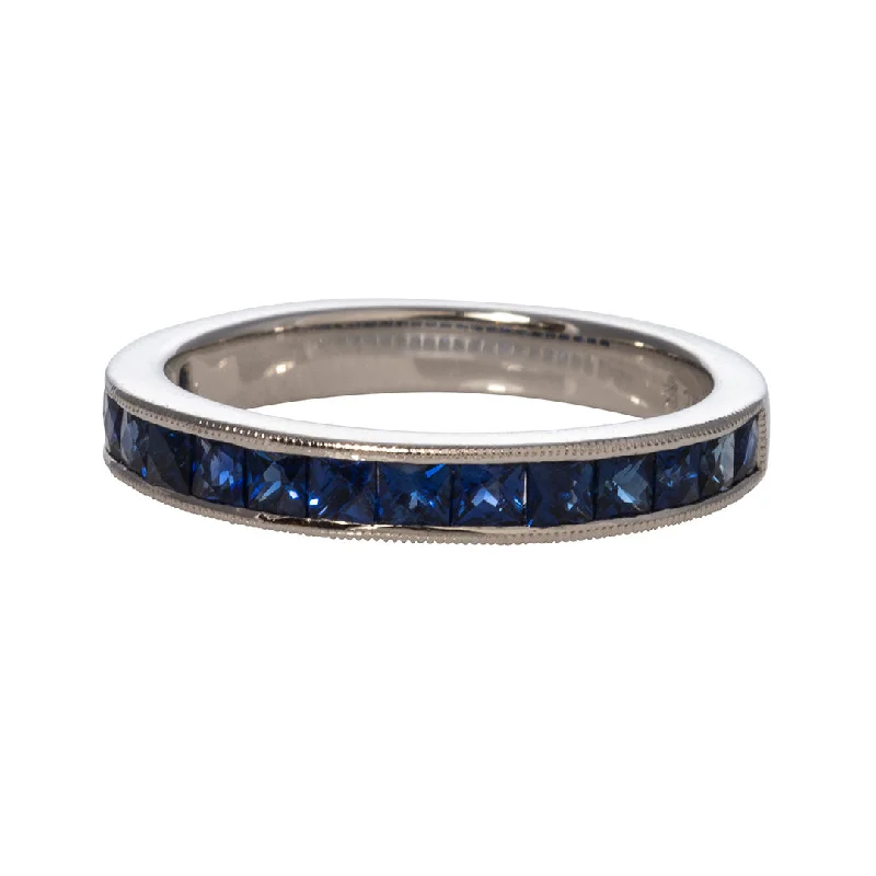 Princess Cut Blue Sapphire 14K White Gold Halfway Band