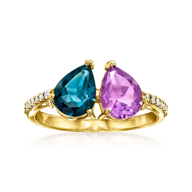 Ross-Simons London Blue Topaz and Amethyst Toi Et Moi Ring With . Diamonds in 14kt Yellow Gold