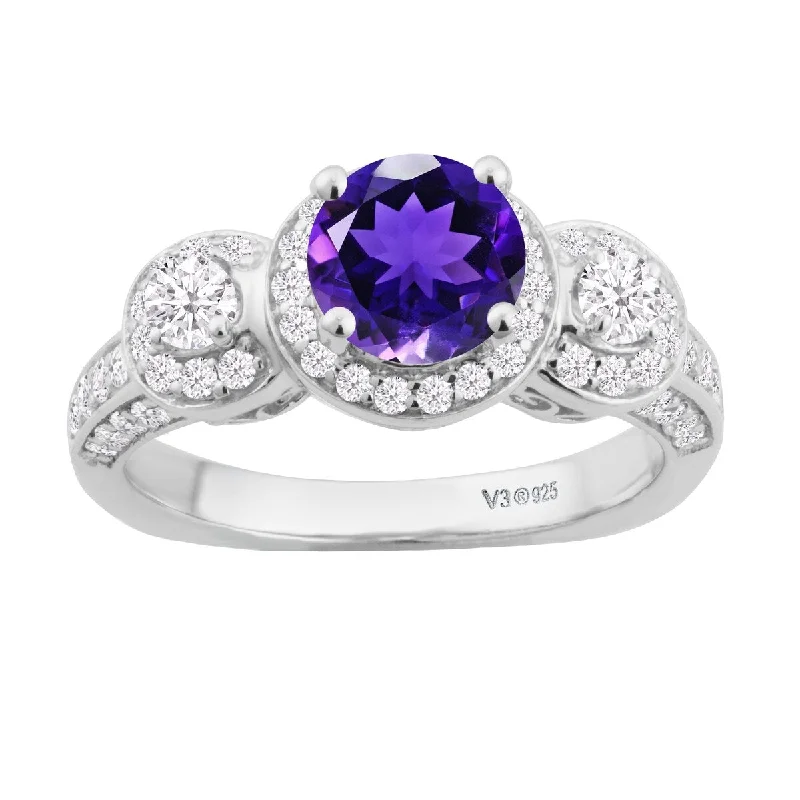 Sterling Silver Amethyst,Moissanite,White Diamond Three Stone Ring