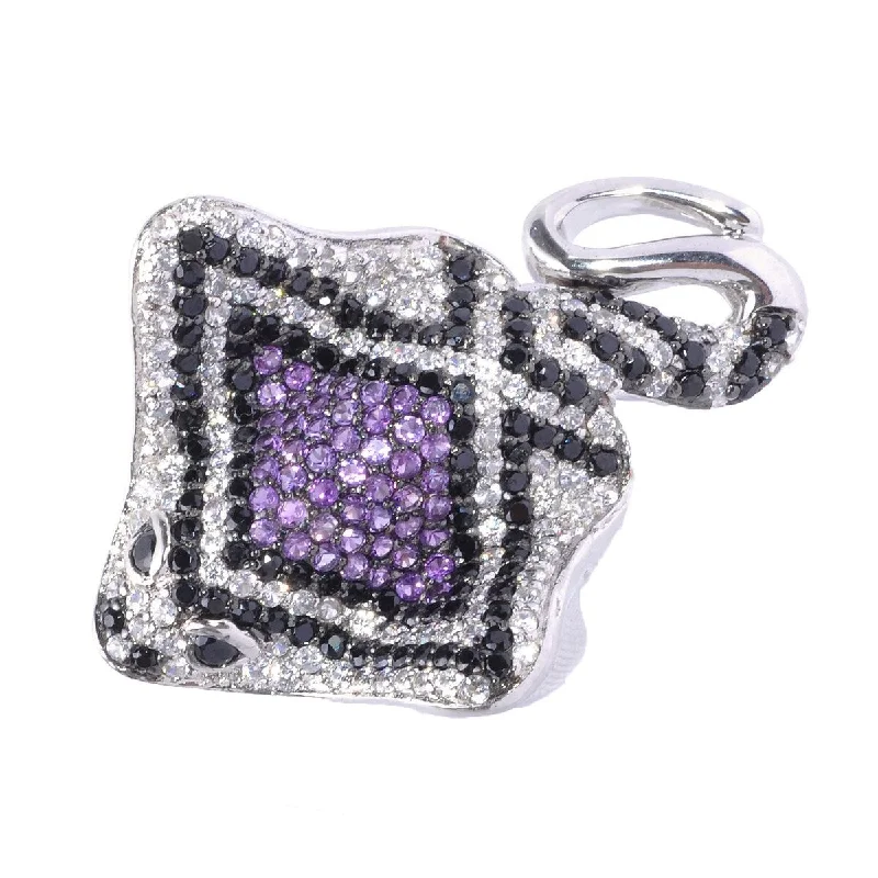 Sterling Silver Black Spinel, White Zircon and Amethyst Fish Ring