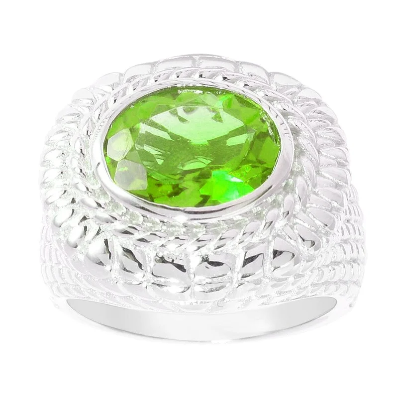 Sterling Silver Natural Oval Peridot Wide Textured Ring