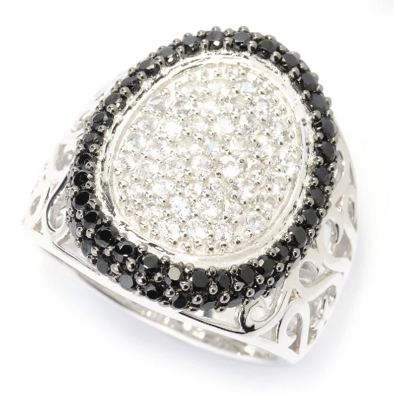 Sterling Silver White Topaz & Natural Black Spinel Wide Oval Top Ring