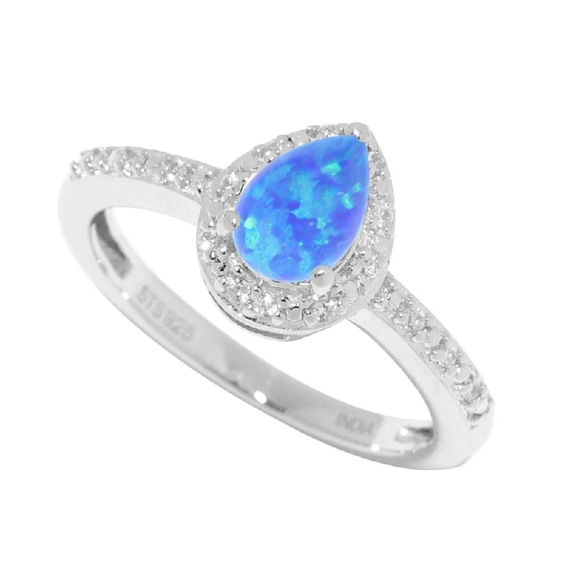 Sterling Silver with Blue Opal and Natural White Zircon Halo Teardrop Ring