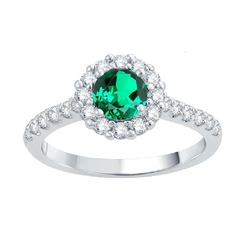 Sterling Silver with Green Emerald and Natural White Topaz Halo Ring