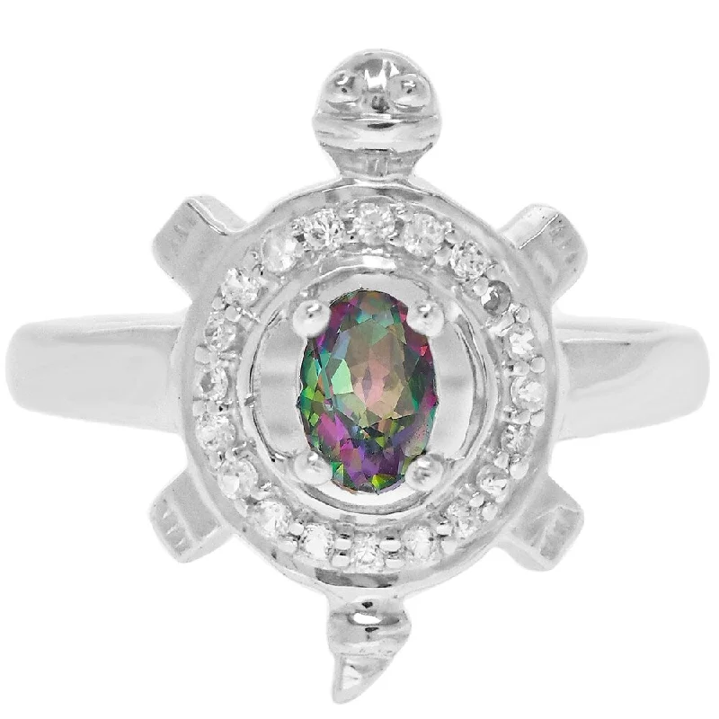 Sterling Silver with Mystic Topaz and Natural White Topaz Turtle Ring