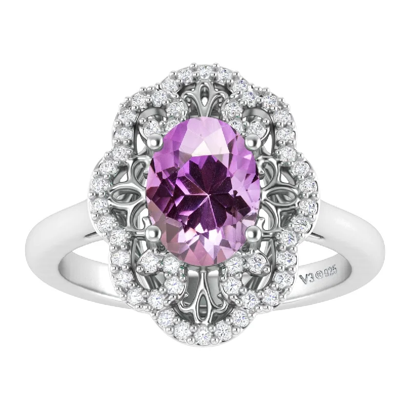 Sterling Silver With Natural Amethyst and White Topaz Cluster Ring