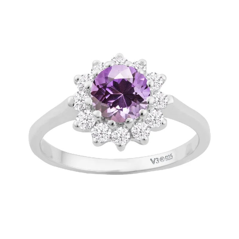 Sterling Silver with Natural Amethyst and White Topaz Halo Ring