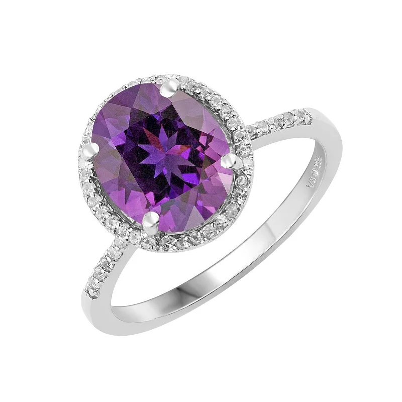 Sterling Silver with Natural Amethyst and White Topaz Halo Ring