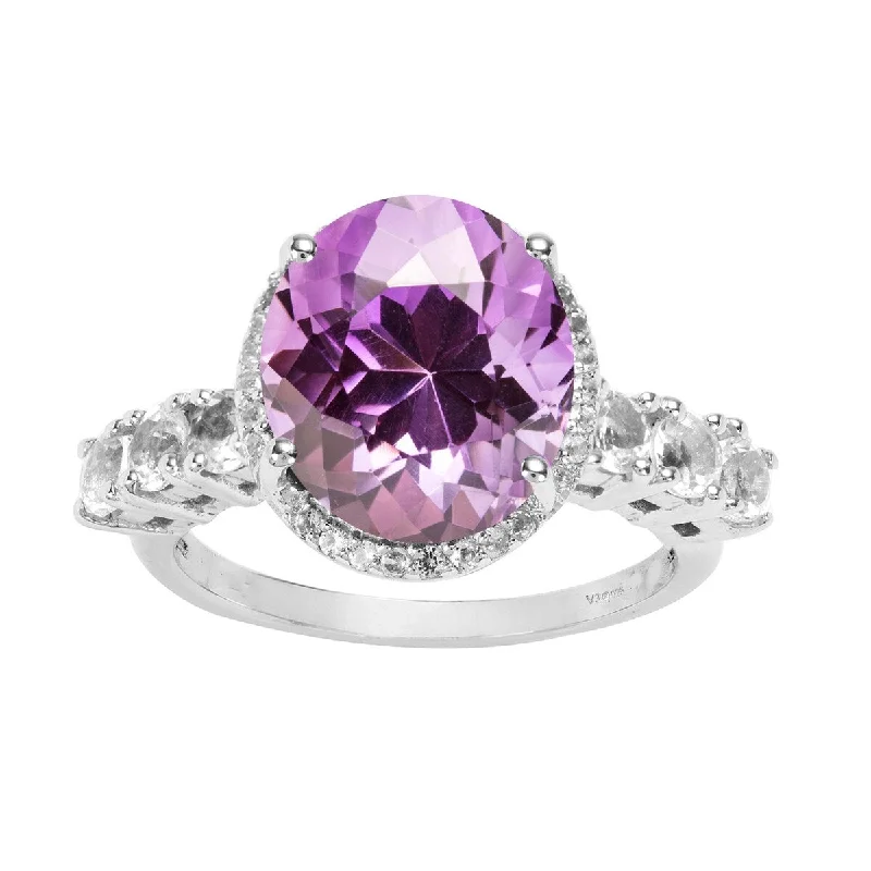 Sterling Silver with Natural Amethyst and White Zircon Halo Ring