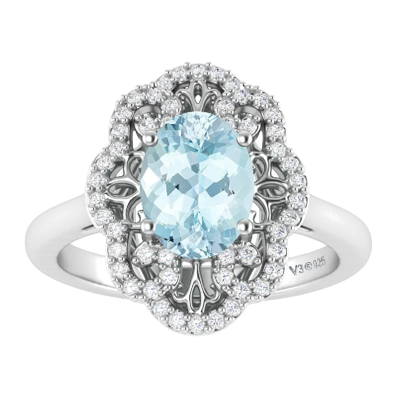 Sterling Silver with Natural Aquamarine and White Topaz Cluster Ring