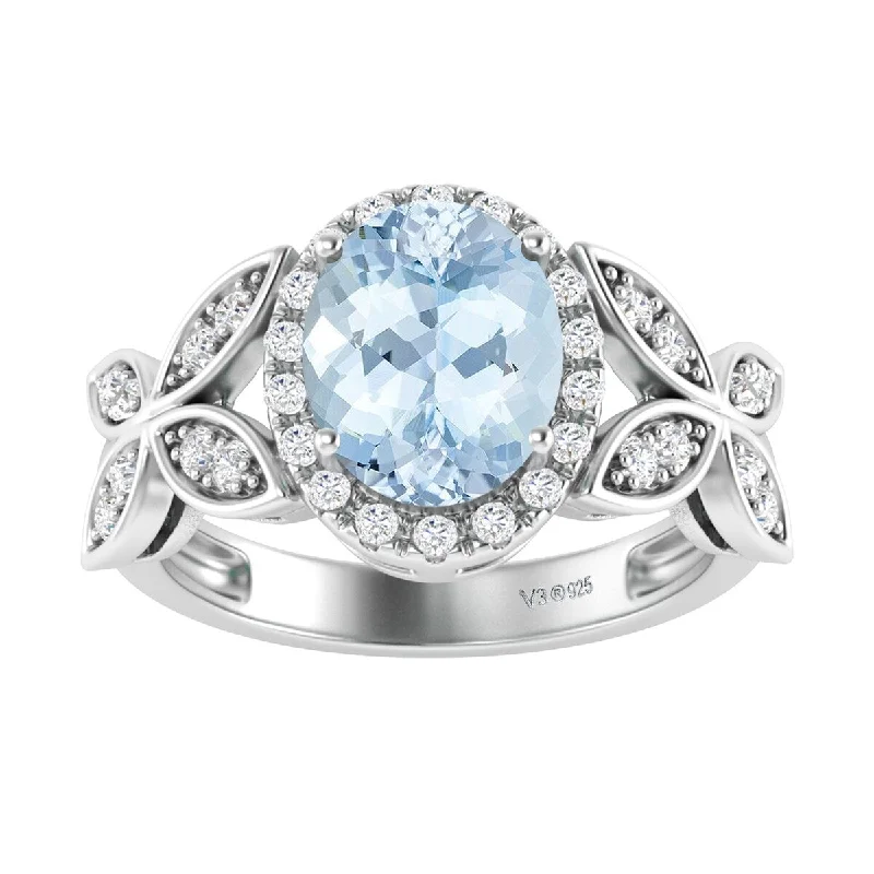 Sterling Silver with Natural Aquamarine and White Topaz Halo Ring