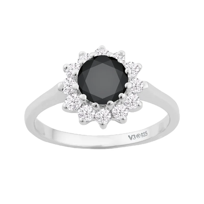 Sterling Silver with Natural Black Spinel and White Topaz Halo Ring