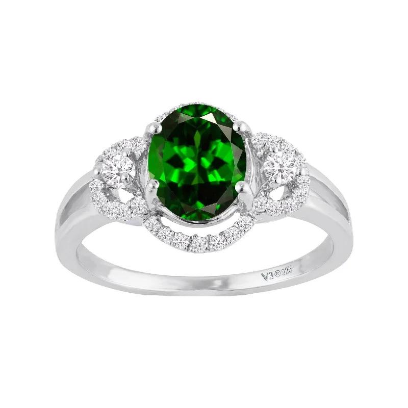 Sterling Silver with Natural Chrome Diopside & White Zircon Halo Ring