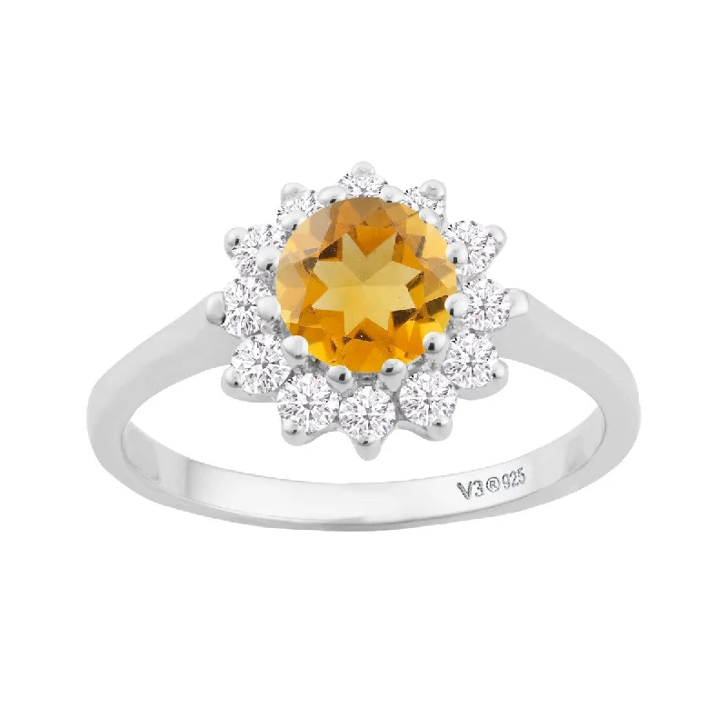 Sterling Silver with Natural Citrine and White Topaz Halo Ring