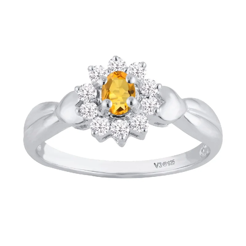 Sterling Silver with Natural Citrine and White Zircon Halo Ring