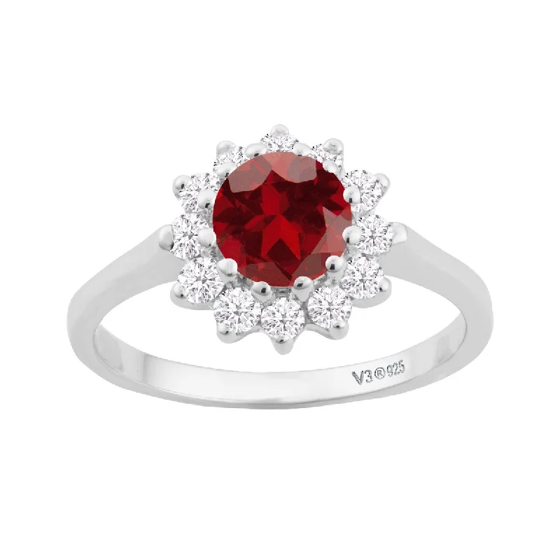 Sterling Silver with Natural Garnet and White Topaz Halo Ring