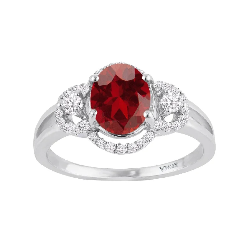 Sterling Silver with Natural Garnet and White Zircon Halo Ring