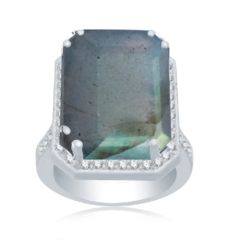 Sterling Silver with Natural Labradorite and White Topaz Octagon Halo Ring