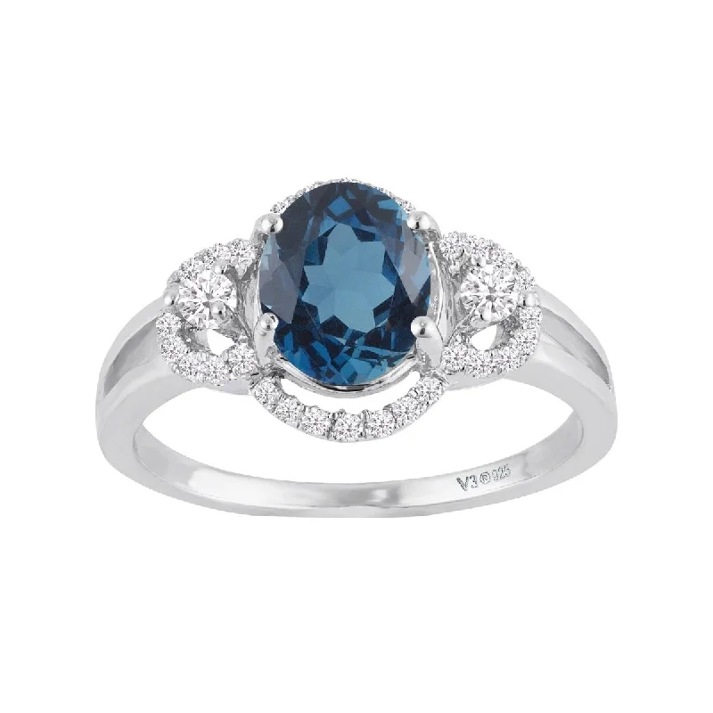 Sterling Silver with Natural London Blue Topaz and White Zircon Ring