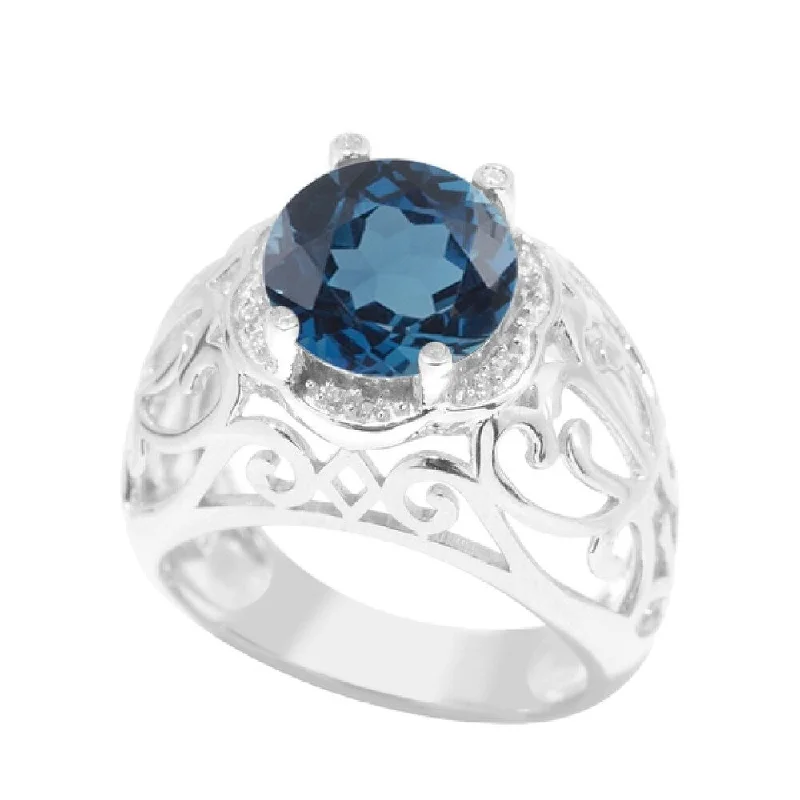 Sterling Silver with Natural London Blue Topaz and White Zircon Scrollwork Ring