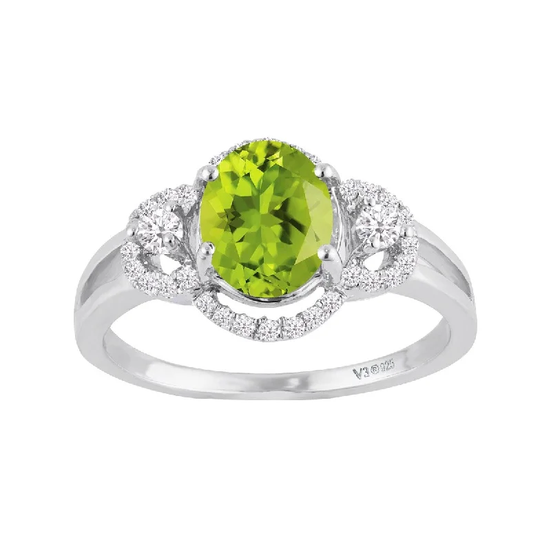 Sterling Silver with Natural Peridot and White Zircon Halo Ring