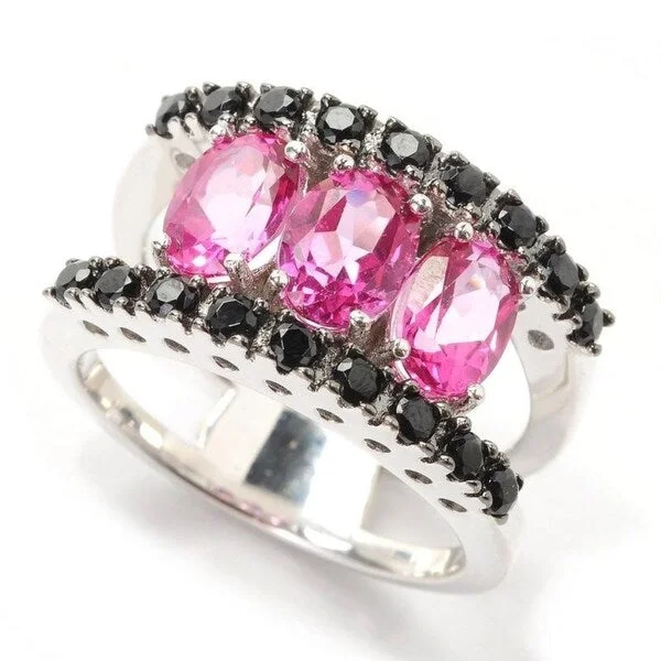 Sterling Silver with Natural Pink Topaz and Black Spinel Three Stone Ring