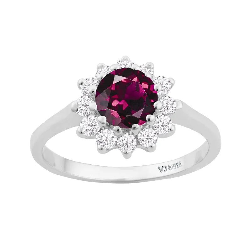 Sterling Silver with Natural Rhodolite Garnet and White Topaz Halo Ring