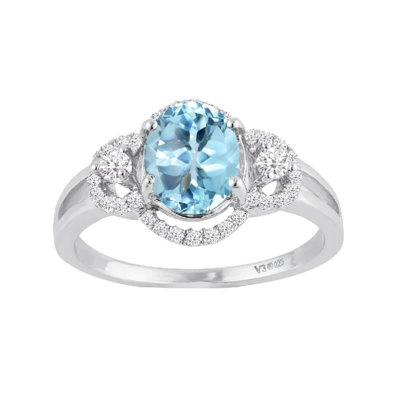 Sterling Silver with Natural Sky Blue Topaz and White Zircon Halo Ring