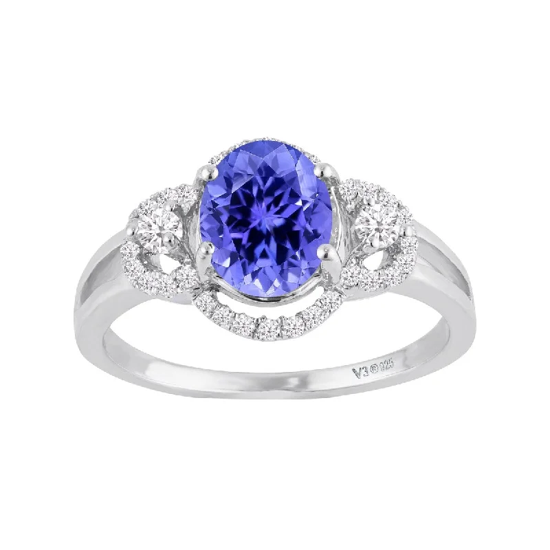 Sterling Silver with Natural Tanzanite and White Zircon Halo Ring