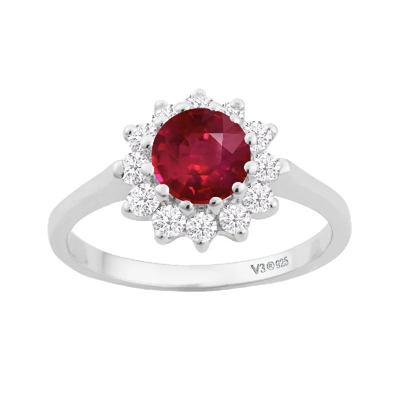 Sterling Silver with Ruby and White Topaz Halo Ring